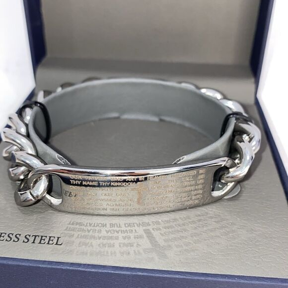 Structure Men's Chain Link Stainless Steel Our Father Prayer Cross Bracelet - Picture 1 of 11